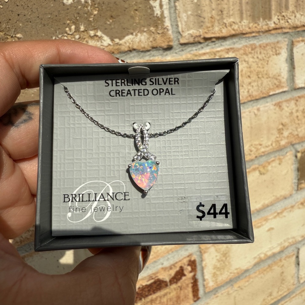 Women's Sterling Silver Created Opal and Simulated Diamond Heart Pendant, 18"